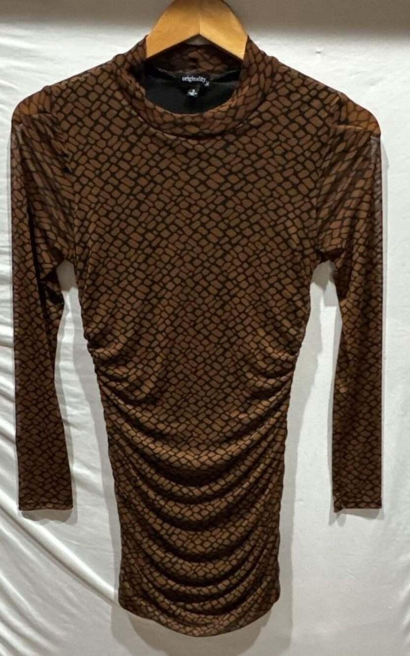 Originality Brown Snake Print Long Sleeve Mock Neck Ruched Mini Dress